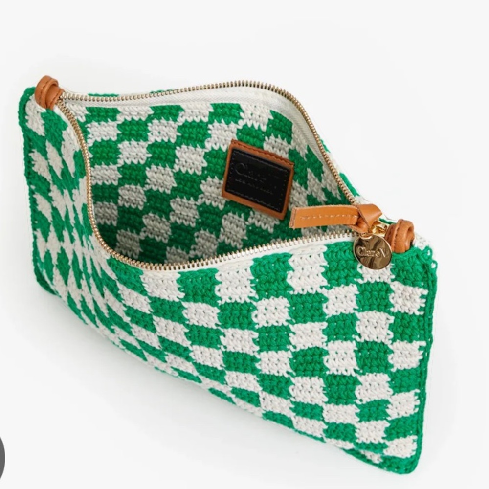 Clare V. - Flat Clutch w/tabs in Sea Green & Cream Mini Crochet Checker